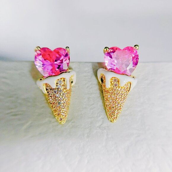 Ice Cream Crystal Earring, Fashion Stud Earring, Heart Jewelry, Birthday Gift - Picture 5 of 8